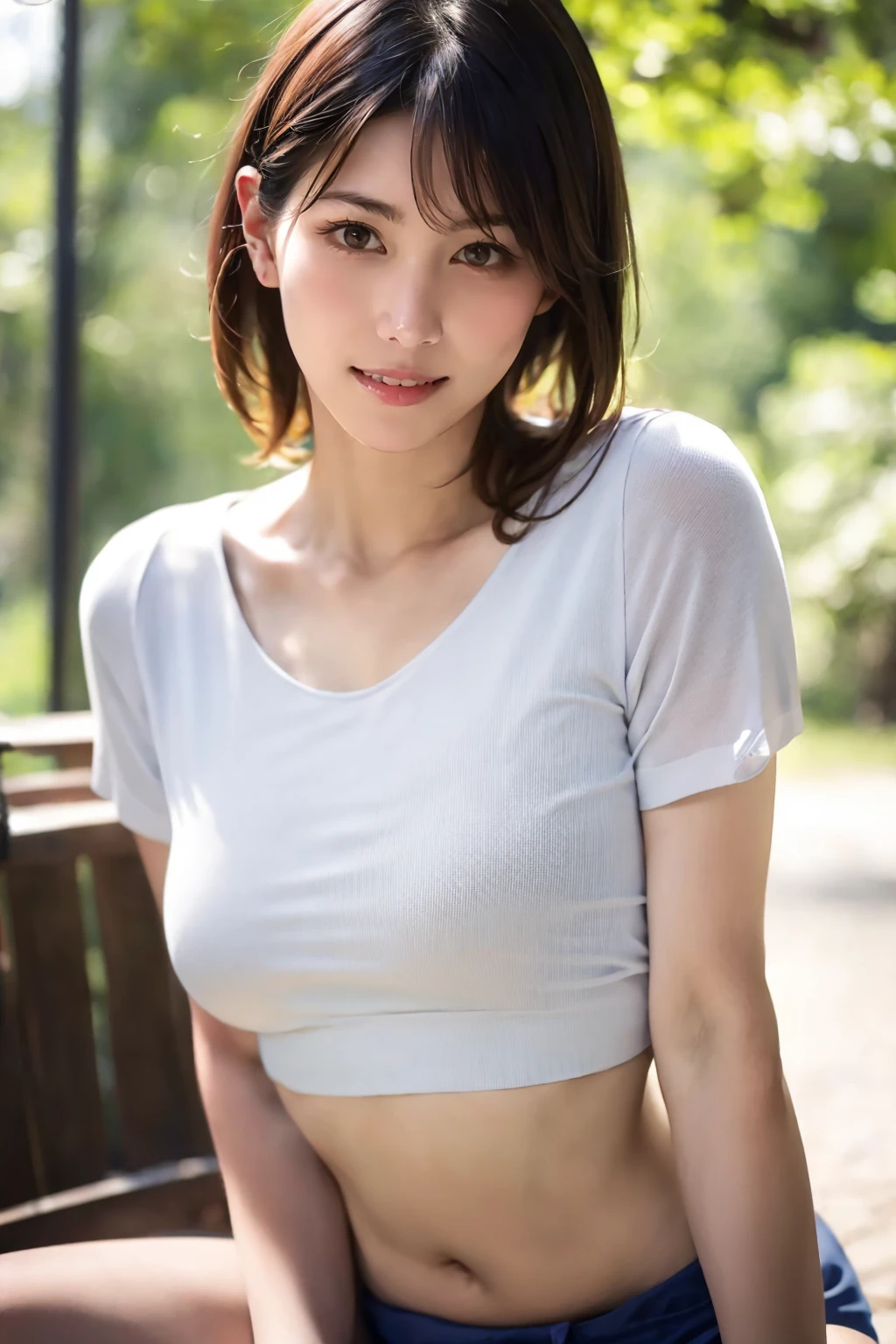 1girl, minosuzune_jav, brown eyes, smile:0.5, parted lips, breasts,  <lora:suzumeMino_JAV-10:0.8>
realistic human face, looking at viewer, beautifully detailed, detailed face, detailed body, looking at viewer, close-up shot, sitting, crop top,
(ultimate quality, masterpiece, highres:1.0), (photorealistic, realistic:1.9),  natural lighting, professional photoshoot,