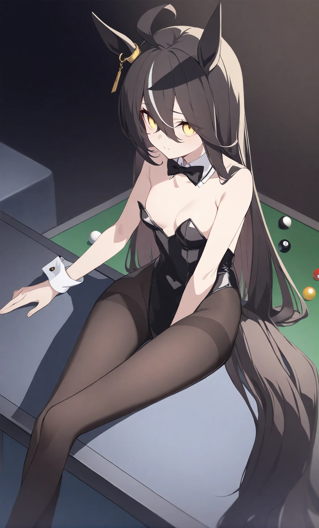 manhattan_cafe_(umamusume) 1girl 8-ball black_hair alternate_costume armpit_crease bare_shoulders black_bow black_bowtie bow bowtie breasts dark_background detached_collar earrings from_above hair_between_eyes highleg highleg_leotard jewelry leotard long_hair looking_at_viewer multicolored_hair no_shoes nontraditional_playboy_bunny on_table pantyhose pocket pool_table single_earring sitting sitting_on_table small_breasts solo strapless strapless_leotard streaked_hair table white_hair wrist_cuffs yellow_eyess flat_coating clear_color highres absurdres best_quality