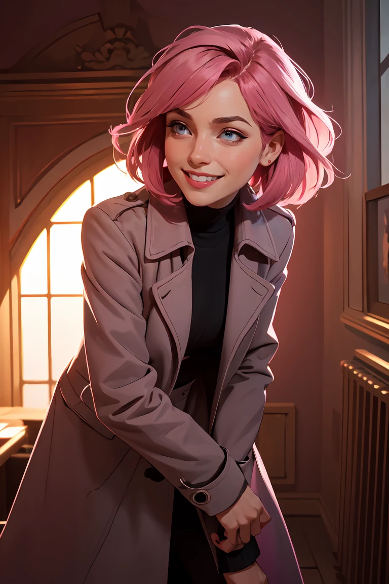 masterpiece,best quality,1girl, leaning forward coat pink hair shadow dramatic lighting Georgeana Ireland matrix ,smile, <lora:GoodHands-beta2:0.8>,