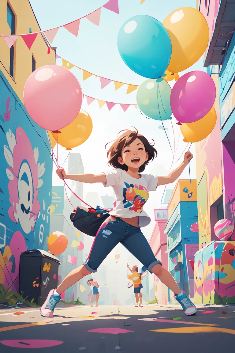 1girl ,Ready to print colorful graffiti illustration of colorful with balloons, Bright colors, action shot, high detail, Celebration scene, Vector t-shirt, <lora:GoodHands-beta2:0.8>,