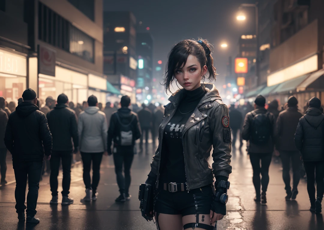 dystopian, stylistic city with crowded sidewalks, ((ManyPipesAI)), dieselpunkai, coalpunkai, futuristic, dark and gritty, bleak, depressing, (cyberpunk), pastel tones, (best quality, masterpiece:1.2), photorealistic, (ambient light:1.3), (cinematic composition:1), ultra high res, Exquisite details and textures, perfect anatomy, detailed faces, crowded street, detailed background, depth of field, professional lighting, photon mapping, radiosity, (long shot of city), nostalgic lighting, industrial, people on the streets, ((ultrafine highly detailed  woman in stylish cyberpunk clothing standing center front)),