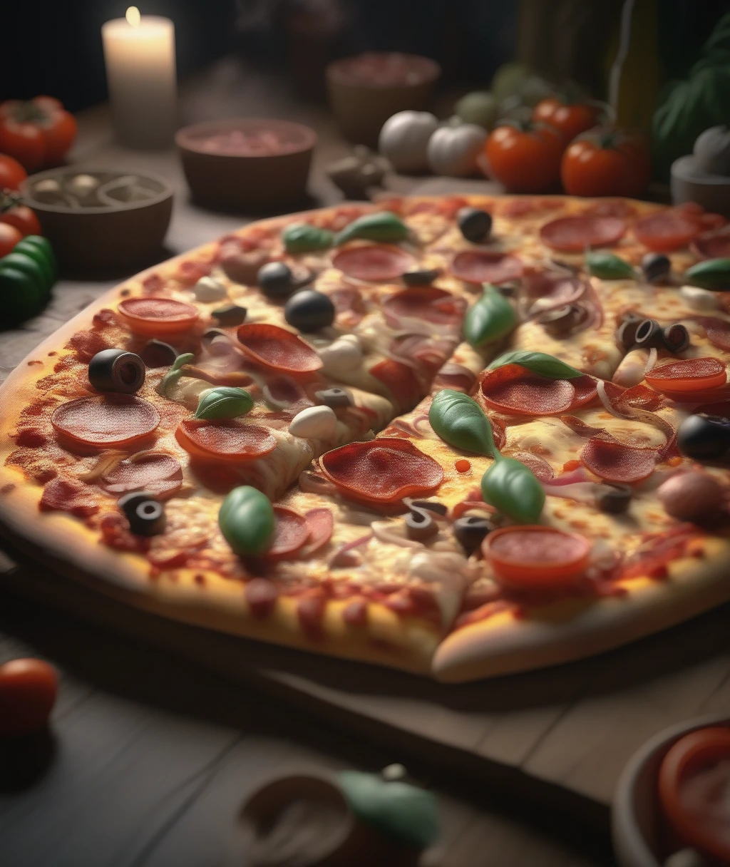 pizza on the tabls, appetizing atmosphere, hightly detailed photo, realism, cinematic light, dynamic atmosphere, (closeup:0.2)