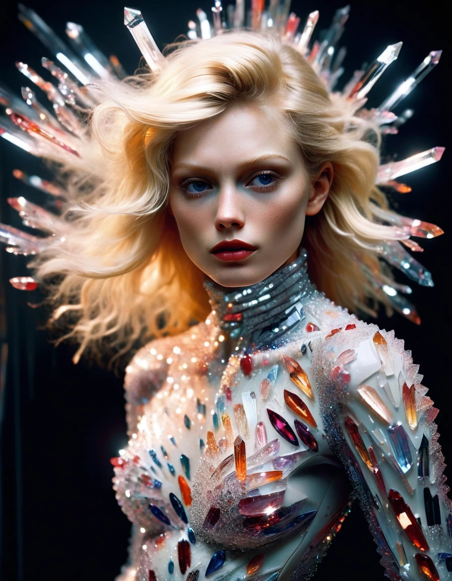 professional crystalz glamour photograph of a cute 18 year old ivory blonde amateur model wearing vinyl catsuit by Annie Leibovitz and Peter Lindberg and Helmut Newton, realistic skin texture, glossy lipstick, french twist , bold lines, hyper detailed, dark limited palette, chiaroscuro, (intricate details, masterpiece, best quality:1.4), mesmerizing, dramatic, dynamic provocative pose, made out of crystalz <lora:crystalz-lycoris:1>