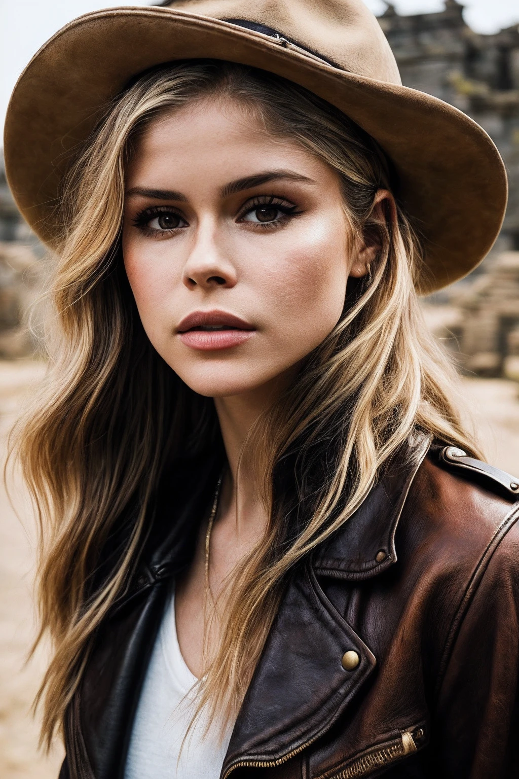 ErinM_SoloTI_v1,
photo of a woman with perfect hair,
Embarked on Adventurous Pursuits (weathered leather jacket and fedora:1.1), (ancient archaeological site backdrop:1.1), (determined and adventurous close-up), rugged and daring charm, (sunlit expedition through ancient ruins), artistically captured photography, 35mm, warm and earthy ambient light, adventurous and bold hues, ruggedly detailed, (High Detail:1.1), Fearlessly focused, adventurous, sunlit exploration, (determined demeanor in the frame), (piercing gaze details), weathered textures, intrepid, ((bold and daring expedition)), earthy tones, adventurous details, explorer's spirit, natural contrasts,
<lora:add_detail:0.6>