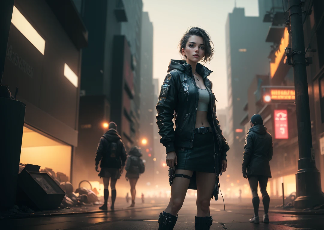 dystopian, stylistic city with crowded sidewalks, ((ManyPipesAI)), dieselpunkai, coalpunkai, futuristic, dark and gritty, bleak, depressing, (cyberpunk), pastel tones, (best quality, masterpiece:1.2), photorealistic, (ambient light:1.3), (cinematic composition:1), ultra high res, Exquisite details and textures, perfect anatomy, detailed faces, crowded street, detailed background, depth of field, professional lighting, photon mapping, radiosity, (long shot of city), nostalgic lighting, industrial, people on the streets, ((ultrafine highly detailed  woman in stylish cyberpunk clothing standing center front)),