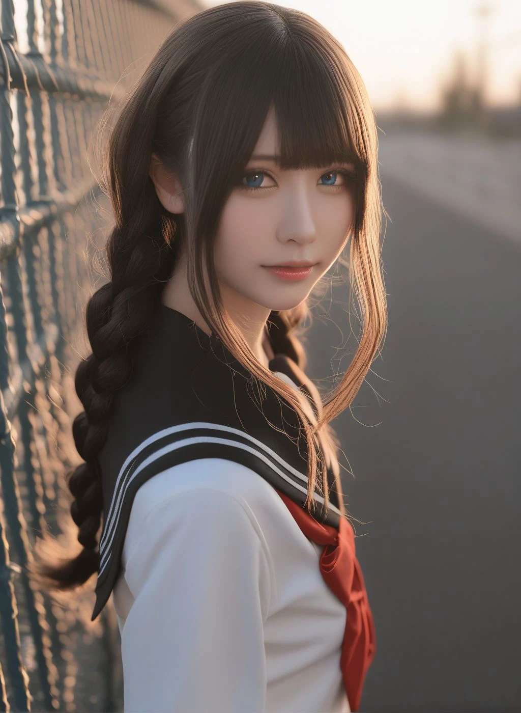 realistic, <lyco:cosgine-xl-lokr-000016:1> depth of field, cinematic lighting,
fence, 1girl, long hair, white shirt, solo, blurry background, outdoors, shirt, sailor collar, twintails, from side, looking at viewer, day, black hair, blue eyes, chain-link fence, bangs, school uniform, black sailor collar, blurry, twin braids, lens flare, blush, braid, serafuku