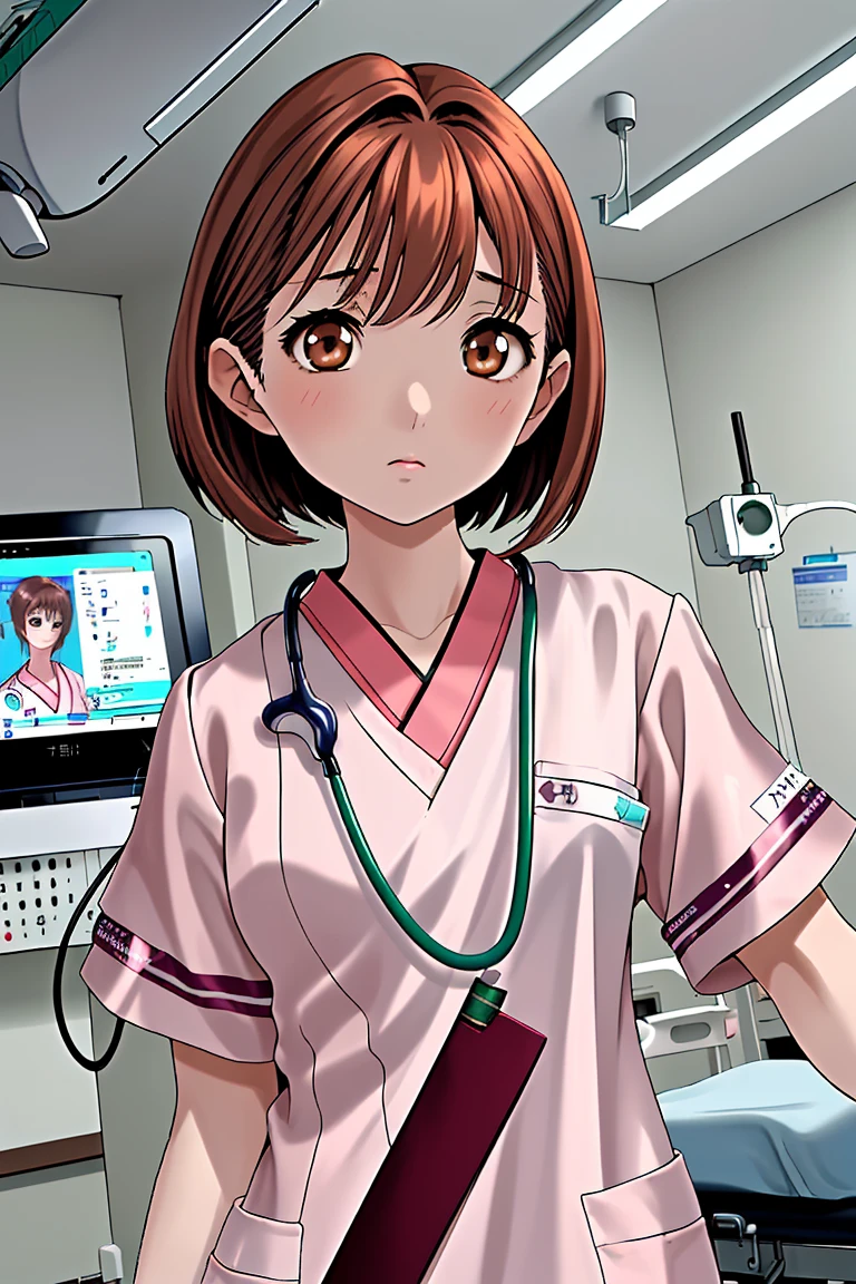 (RAW photo, best quality), 1girl, operating room, overhead surgical light, blurred background, focused, 
 <lora:Ayano Miyamori_PrivateNurse_V1.0-000009:0.7> ayano_pnurse,brown_hair,brown_eyes,
 <lora:ClothingMedicalScrubs0:0.9> (scrubs, medical scrubs),