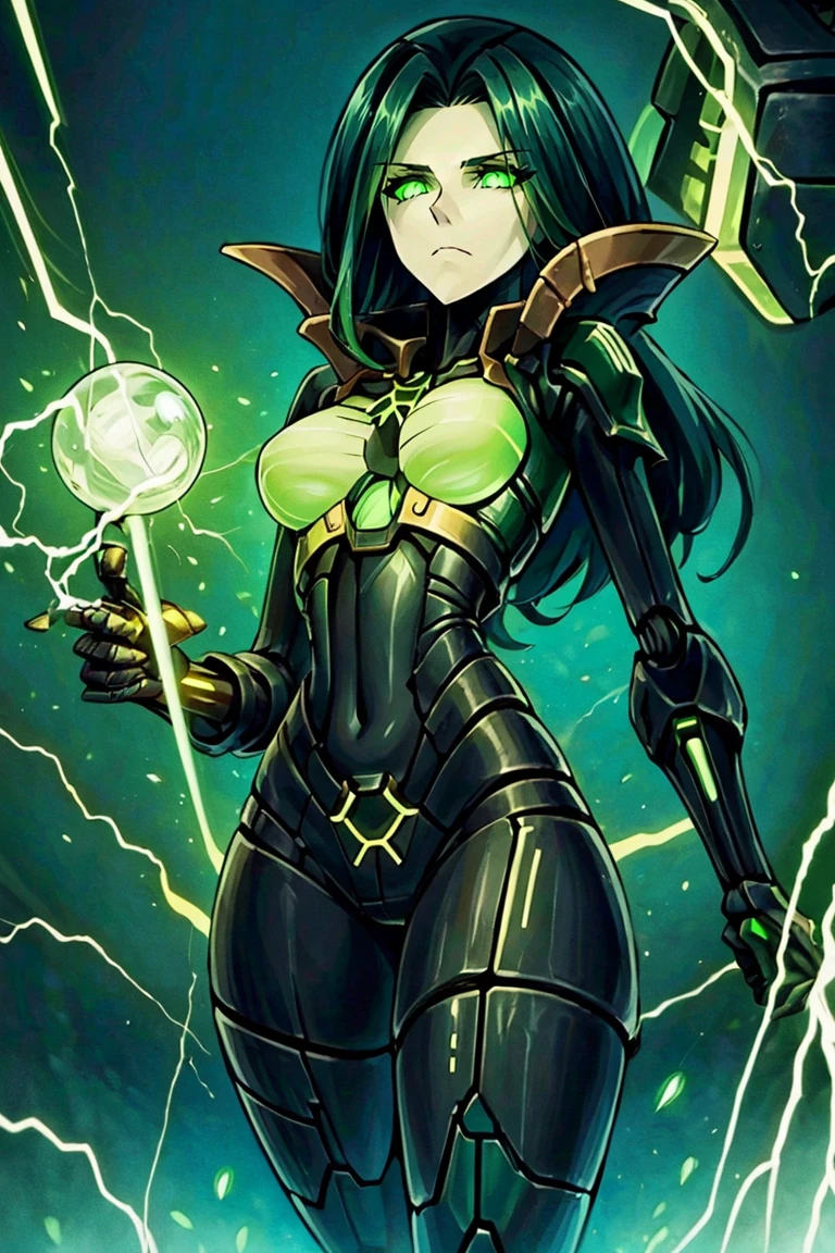 ((masterpiece,best quality)), anime style,  <lora:Necron_Lord:0.8>, detailed robot face, glowing eyes:1.2,  Necron Lord, 1girl, long hair, breasts, black hair, holding, medium breasts, green eyes, bodysuit, colored skin, glowing eyes, hand on own head, animification,  <lora:Necron_Architecture:0.5>,  electricity, green glow, green theme,