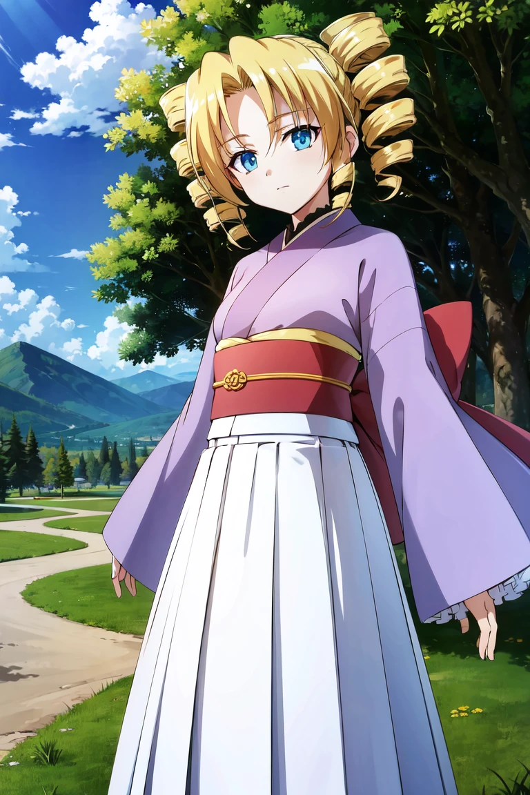 <lora:OmaHimaStylev51:0.8>,(best quality:1.2),absurdres,uhd,8k,magnum opus,volumetric shadows,isometric lighting,anime,solo,facing viewer,tamamo,yellow hair,drill hair,twin drills,aqua eyes,expresionless,pink kimono,frills,white,short hair,long skirt,mountians,sky,clouds,grass,looking at viewer,
