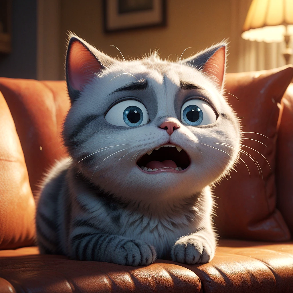 sad cat with tears in his eyes crying on sofa, movie scenery, film scene, pixar style, highest quality