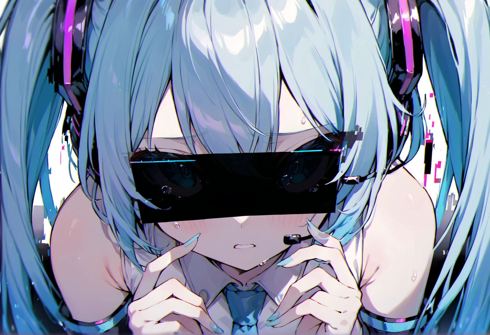 identity censor, nail polish, twintails, detached sleeves, necktie, shirt, 1girl, long hair, aqua eyes, tears, aqua hair, headset, glitch, hair ornament, close-up, sleeveless shirt, blue nails, aqua nails, shaded face
masterpiece, best quality,
<lora:Anonymous_M:1>