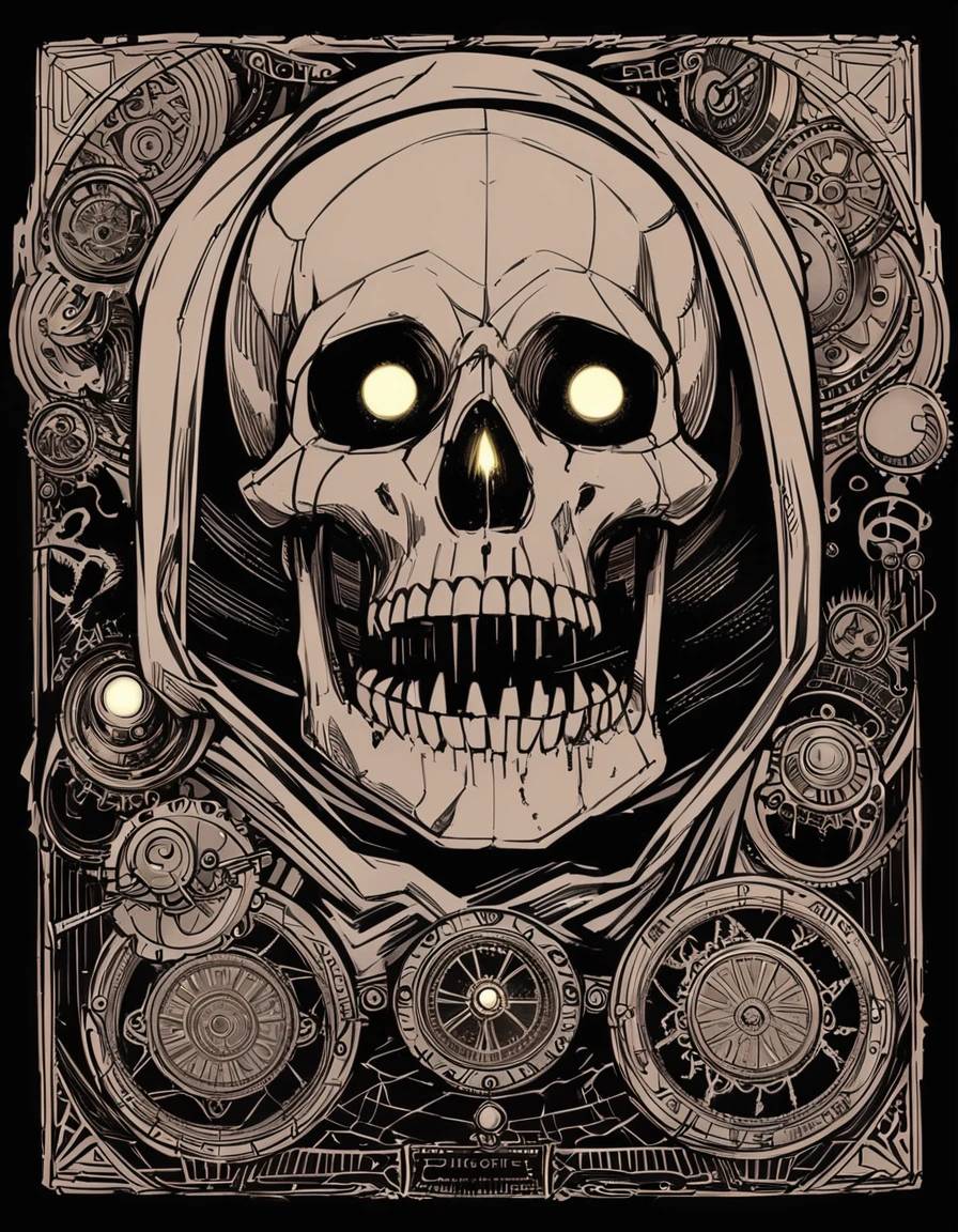 Steampunk style multicolored theme,monochrome,glowing,hood,no humans,black background,glowing eyes,hood up,skull,robe,dark,magic circle,horror (theme),<lora:phonk:1>, . Antique, mechanical, brass and copper tones, gears, intricate, detailed