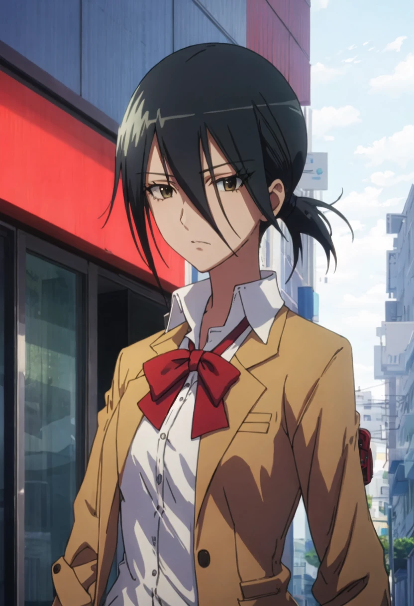 best quality, masterpiece, highres, solo, {toki_kaoru_seitokaiyakuindomo:0.90}, school_uniform, 1girl, bow, blazer