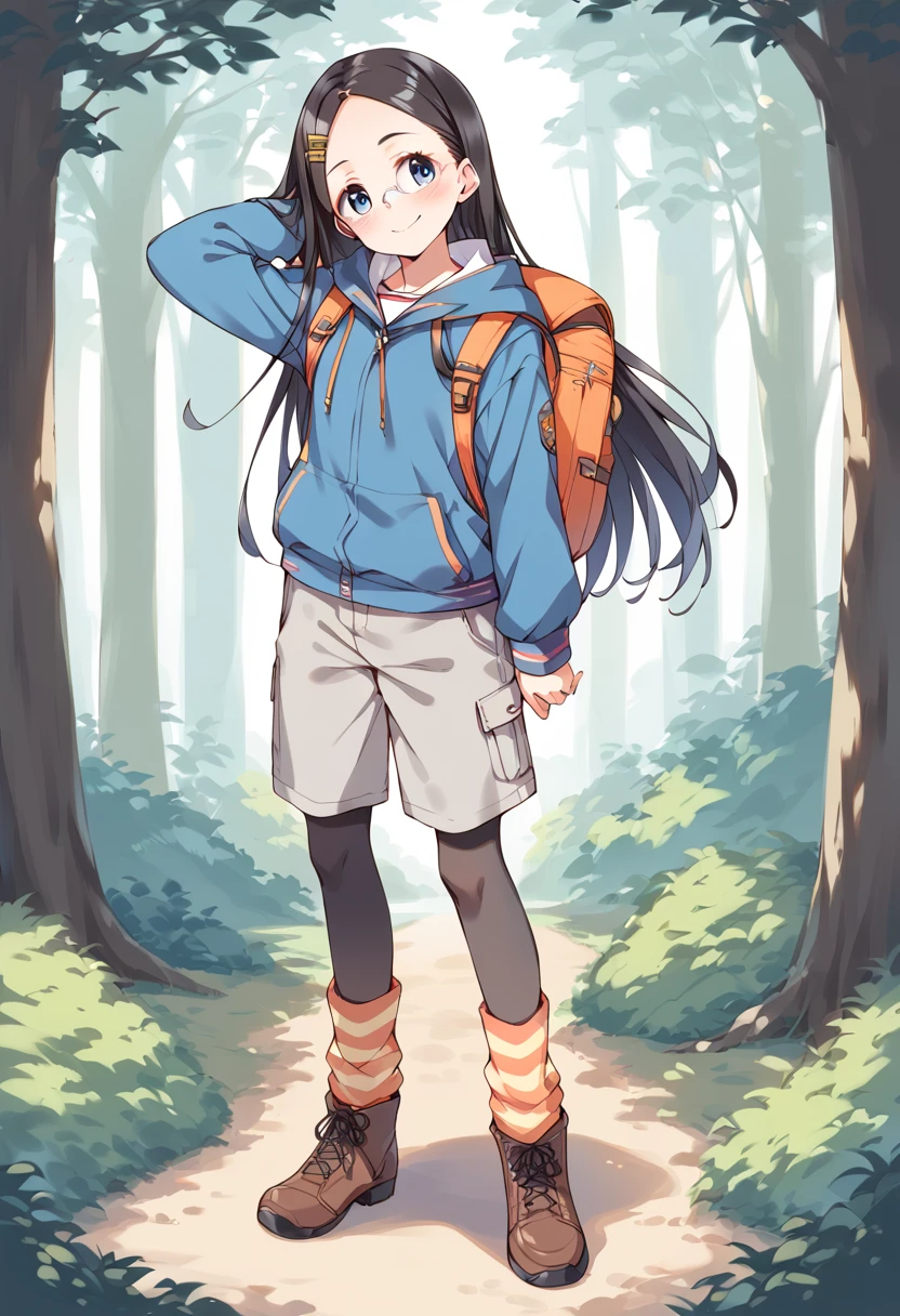 score_9, score_8_up, score_7_up, best quality, masterpiece, source_anime BREAK
1girl, saitou kaede, solo, hair ornament, backpack, smile, hairclip, blue eyes, pantyhose, black hair, full body, closed mouth, brown footwear, standing, grey shorts, blush, long sleeves, black legwear, arm behind head, very long hair, boots, cross-laced footwear, blue jacket, drawstring, arm up, short shorts, legwear under shorts, striped legwear, looking at viewer, grey-framed eyewear, forehead, round eyewear, parted bangs, head tilt, rimless eyewear, socks, orange backpack, grey pants, loose socks, leg warmers, vertical-striped legwear, hand up, outstretched arm, forest <lora:saitou_kaede_sdxl_locon_pony_v1:0.7>