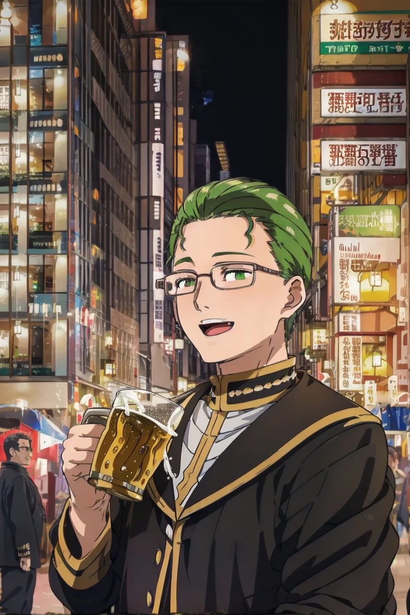 best quality,masterpiece,ultra high res,
heiter, 1boy, male focus, glasses, solo, cup, beer mug, open mouth, smile, looking at viewer, green hair, upper body, holding cup, alcohol, beer, robe,
BREAK
kabukicho1, city, scenery, night, 6+boys, sign, moon, street, real world location, road, multiple boys, cityscape, building, outdoors, multiple girls, neon lights, crowd
<lora:heiter_SD15_V1:0.8> <lora:kabukicho1_SD15_V1:0.8>