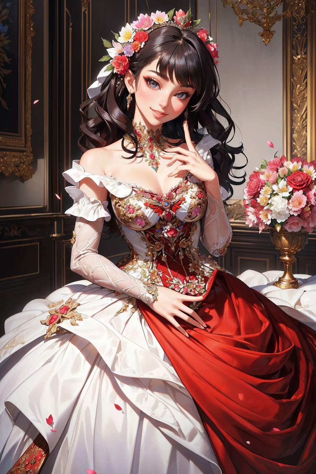 a young woman named Isabella. Her white silk dress was adorned with red roses, and her dark hair fell in soft waves over her shoulders