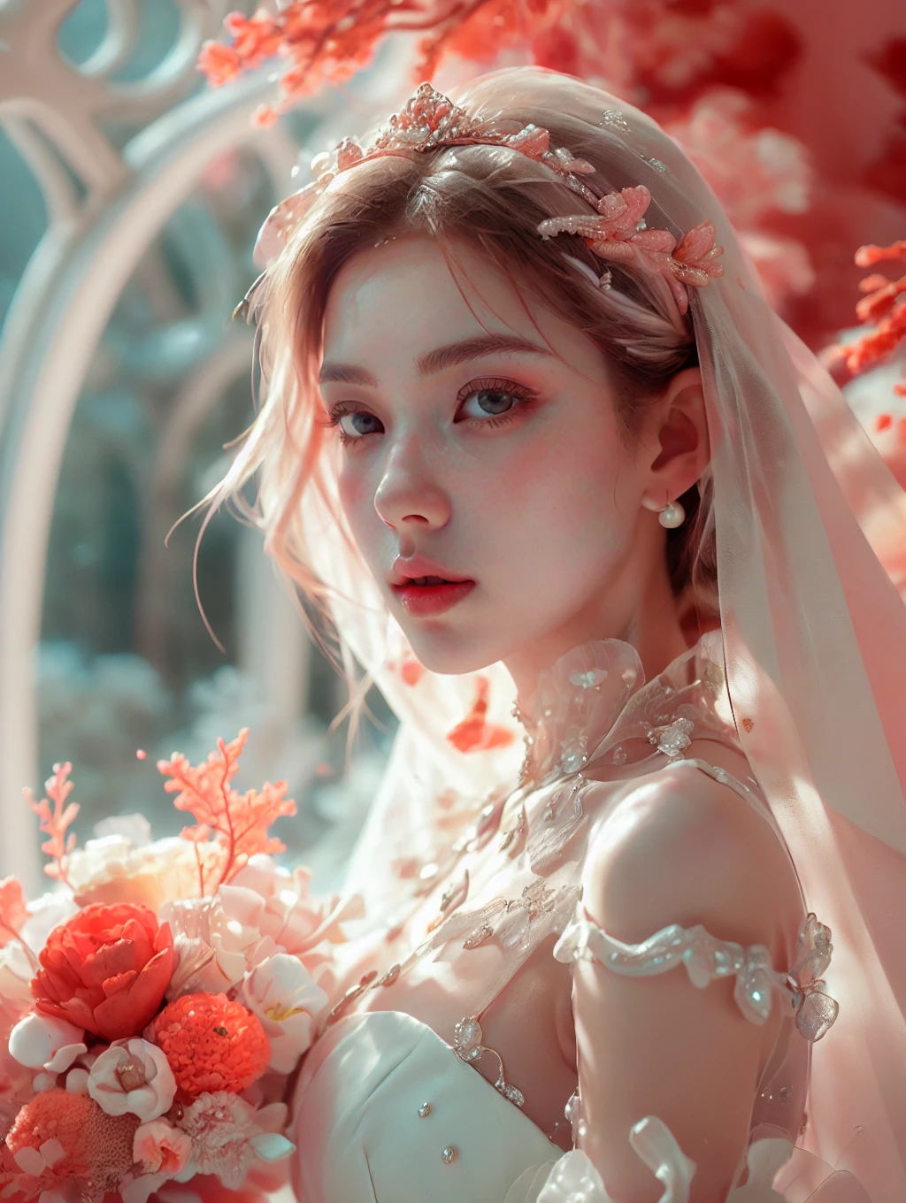 (fashion shooting:1.2),(dream scene:1.2),(portrait photography:1.3),(close-up:1.1),(beautiful and delicate eyes:1.2),
(holy elegant princess:1.3),fashion clothing design,white dress,(coral hair accessories:1.2),exquisite pearl jewelry,clear tulle,
<lora:Pink coralçç æ_v1.0:0.72>,Pink coral,lots of corals,indoor,window_,
<lora:duobabaè²å½©çå¼¹:0.4>,pink atmosphere,(rembrandt light:1.23),soft natural light,, masterpiece, best quality,