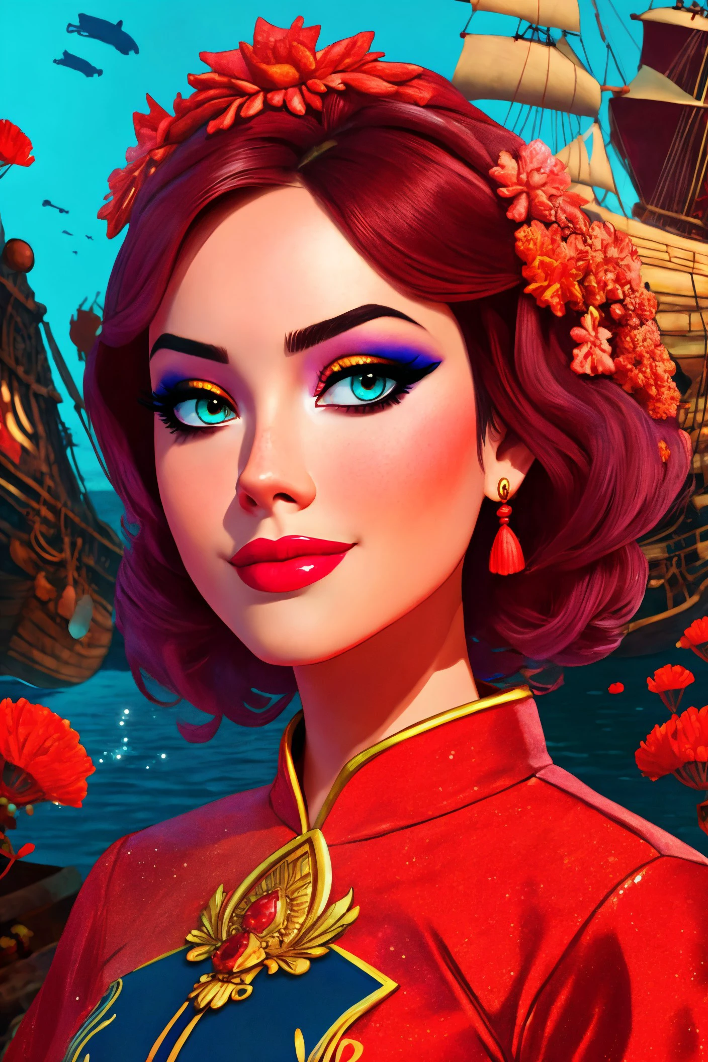 Anjelika Fotson standing close up, young, makeup, naughty smile,
beautiful face, masterpiece, highres, cartoon, pixar, animation,
vietnamese dress,
Sunken pirate ship and treasure and corals,
<lora:anjelika_fotson:0.75>