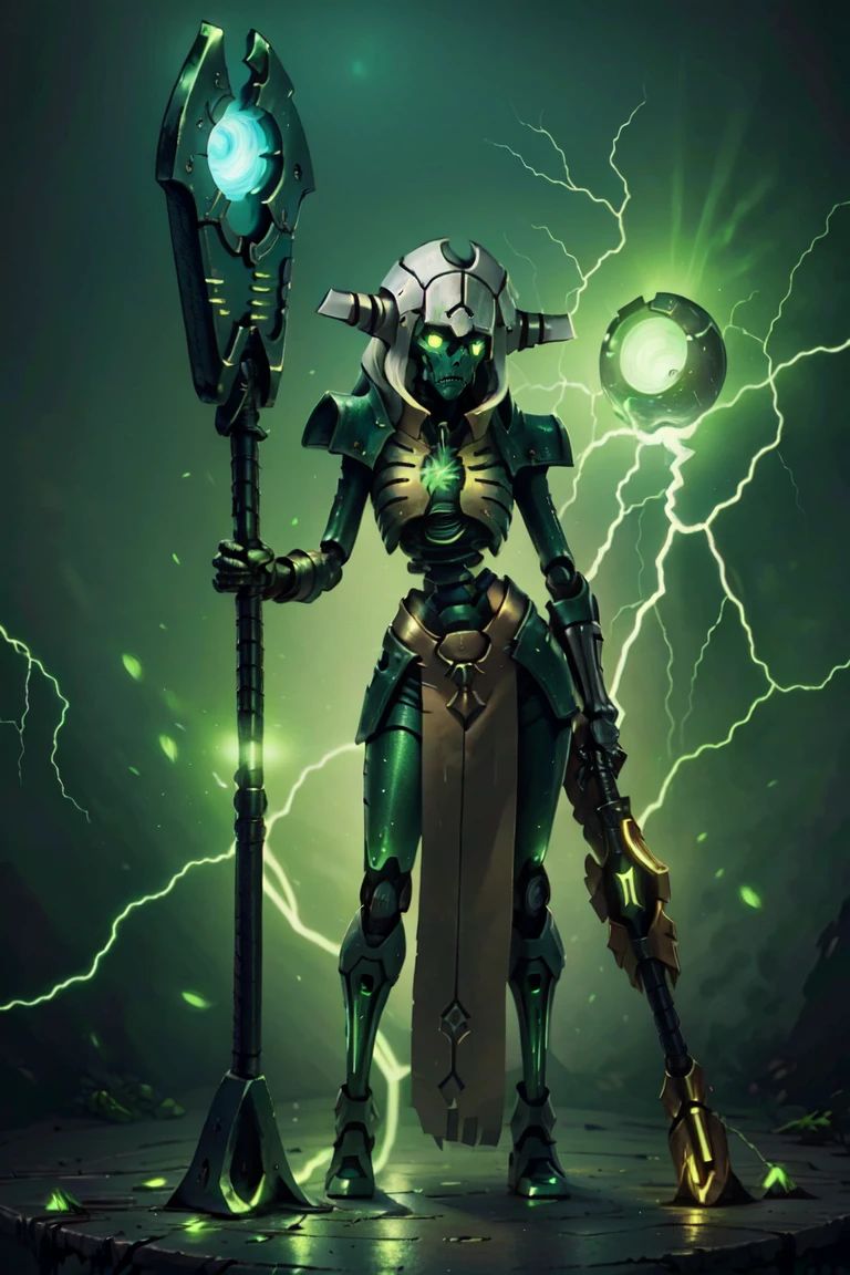 ((masterpiece,best quality)), anime style,  <lora:Necron_Lord:0.8>, detailed robot face, glowing eyes:1.2,  Necron Lord, simple background, white background, holding, standing, pointy ears, no humans, staff, holding staff, one-eyed, humanoid robot,  <lora:Necron_Architecture:0.5>,  electricity, green glow, green theme,