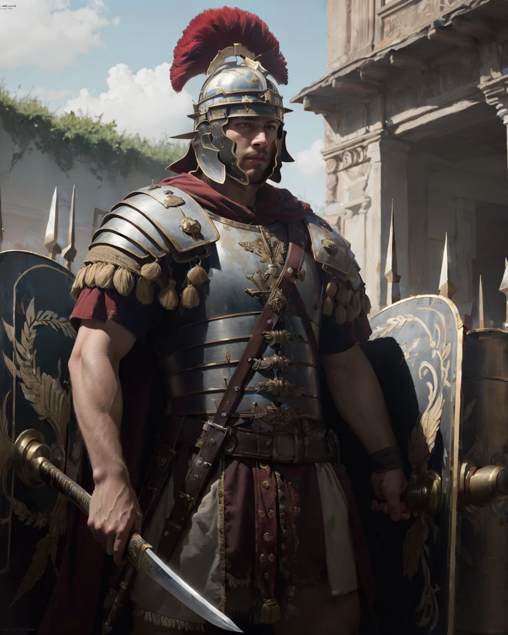 best quality,masterpiece,highly detailed,ultra-detailed, 
<lora:neg4all_bdsqlsz_V3.5:-1>,
 <lora:RomanLegionary:1>1boy, armor, facial hair, helmet, holding, holding sword, holding weapon, knife, male focus, realistic, romanlegionary, shield, sword, war, weapon, white hair