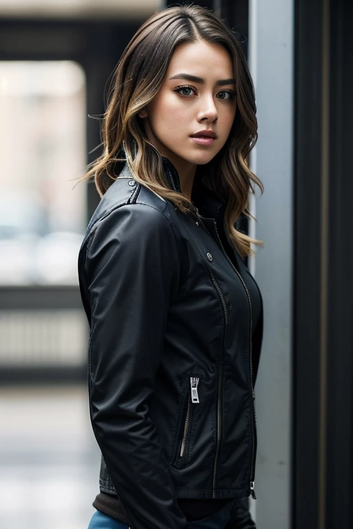 a photo of quak3-001, realistic,  a woman in a black jacket, t-shirt, is looking at the camera with a serious look on her face, a character portrait, [black|blonde] hair  fcHeatPortrait