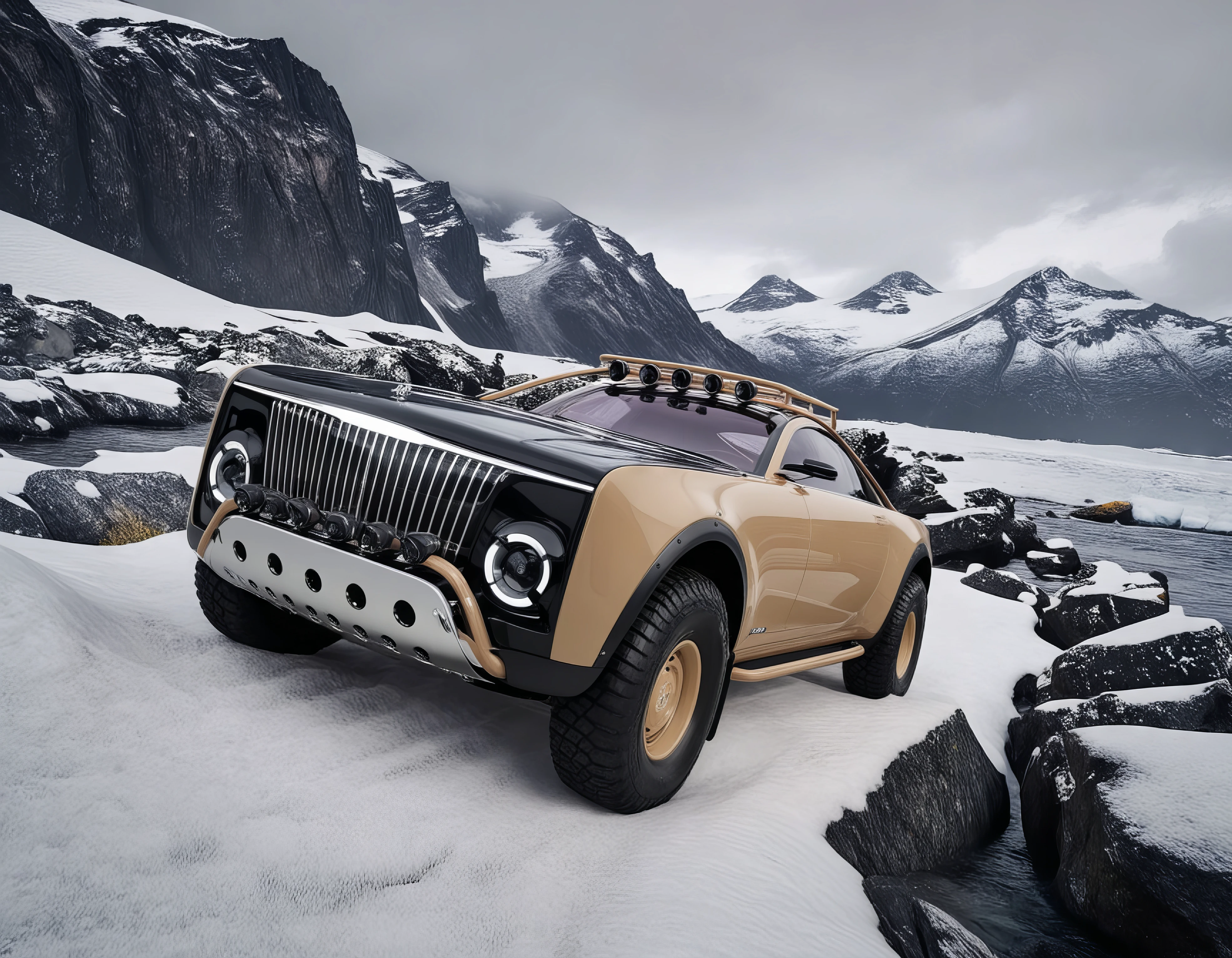 maybach,front view of the car, A beige and black off-road vehicle is,  positioned dramatically on rugged terrain, surrounded by gnarled tree roots and rocks, suggesting an off-road setting. The background features a moody and dramatic sky, with dark clouds and a patch of light illuminating the landscape, creating a sense of impending adventure or challenge. The vehicle, known for its luxury and off-road capability, stands out against the wild, natural environment, symbolizing strength and resilience. The composition emphasizes the car's ability to navigate tough, untamed landscapes, while still retaining an air of elegance and power.