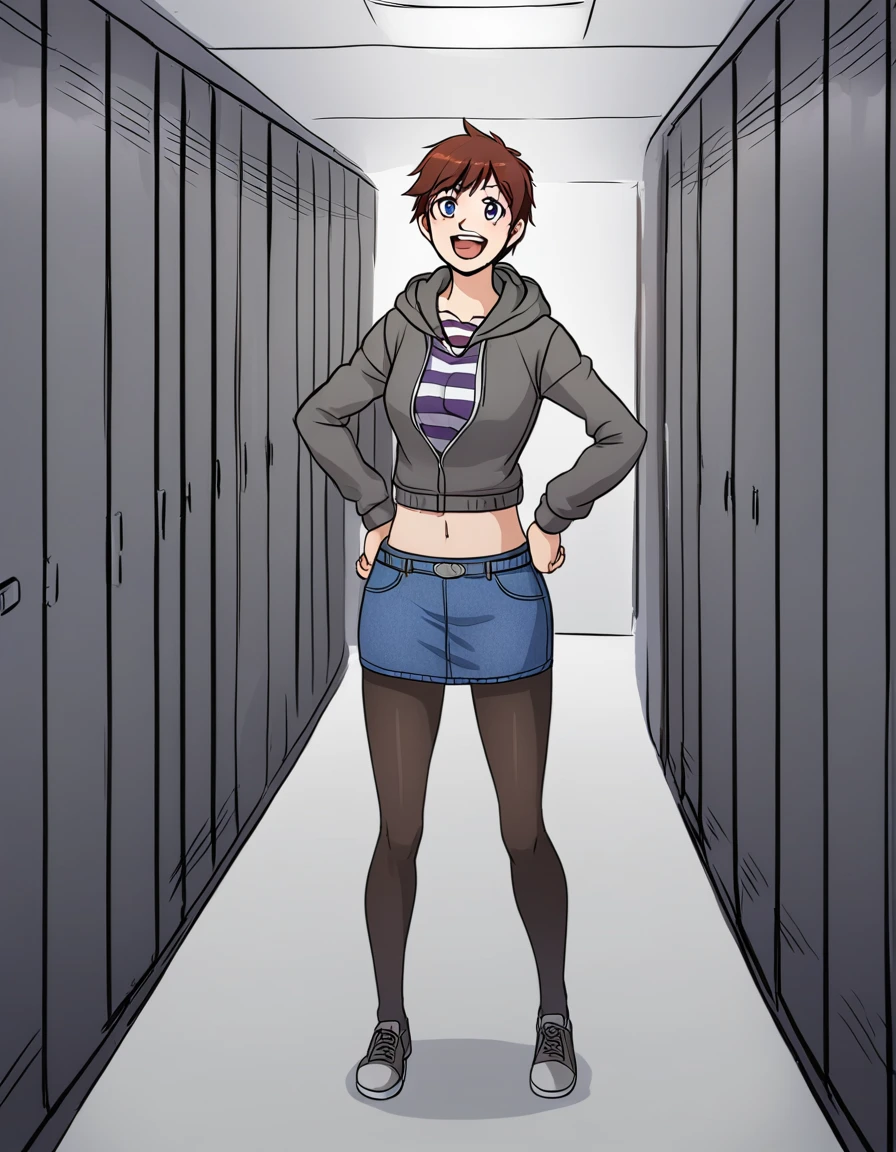 late,1girl,danamercer,<lora:DanaMercerXL:0.9>,solo,hoodie,hood down,striped shirt,midriff,navel,denim skirt,black pantyhose,standing,full body,hands on hips,happy,:d,in metal hallway,underground