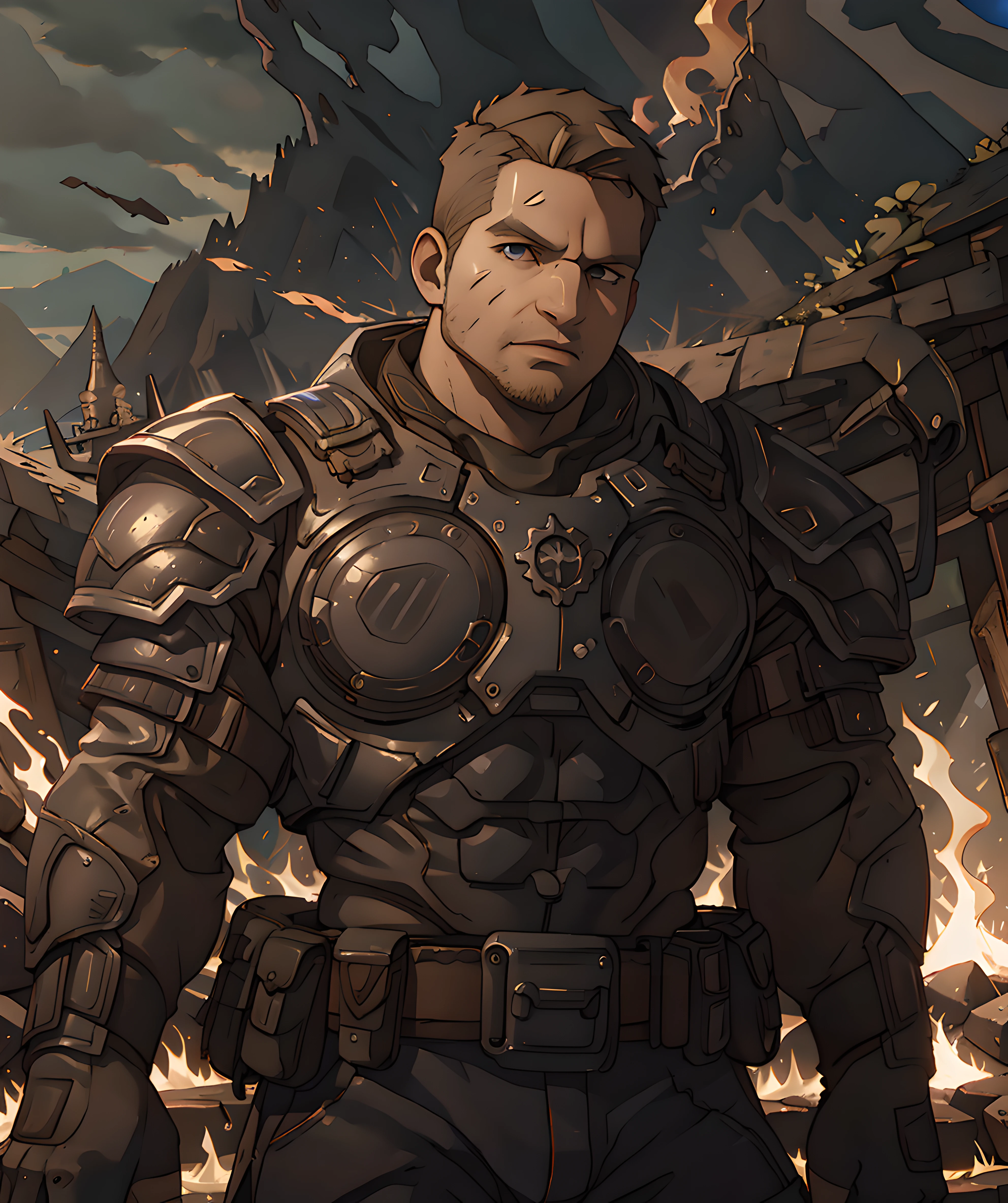 jd_fenix, mountain, fire, lava, dramatic, looking at viewer, muscular, armor, cowboy shot, very short hair <lora:JD_Fenix-15:0.85>