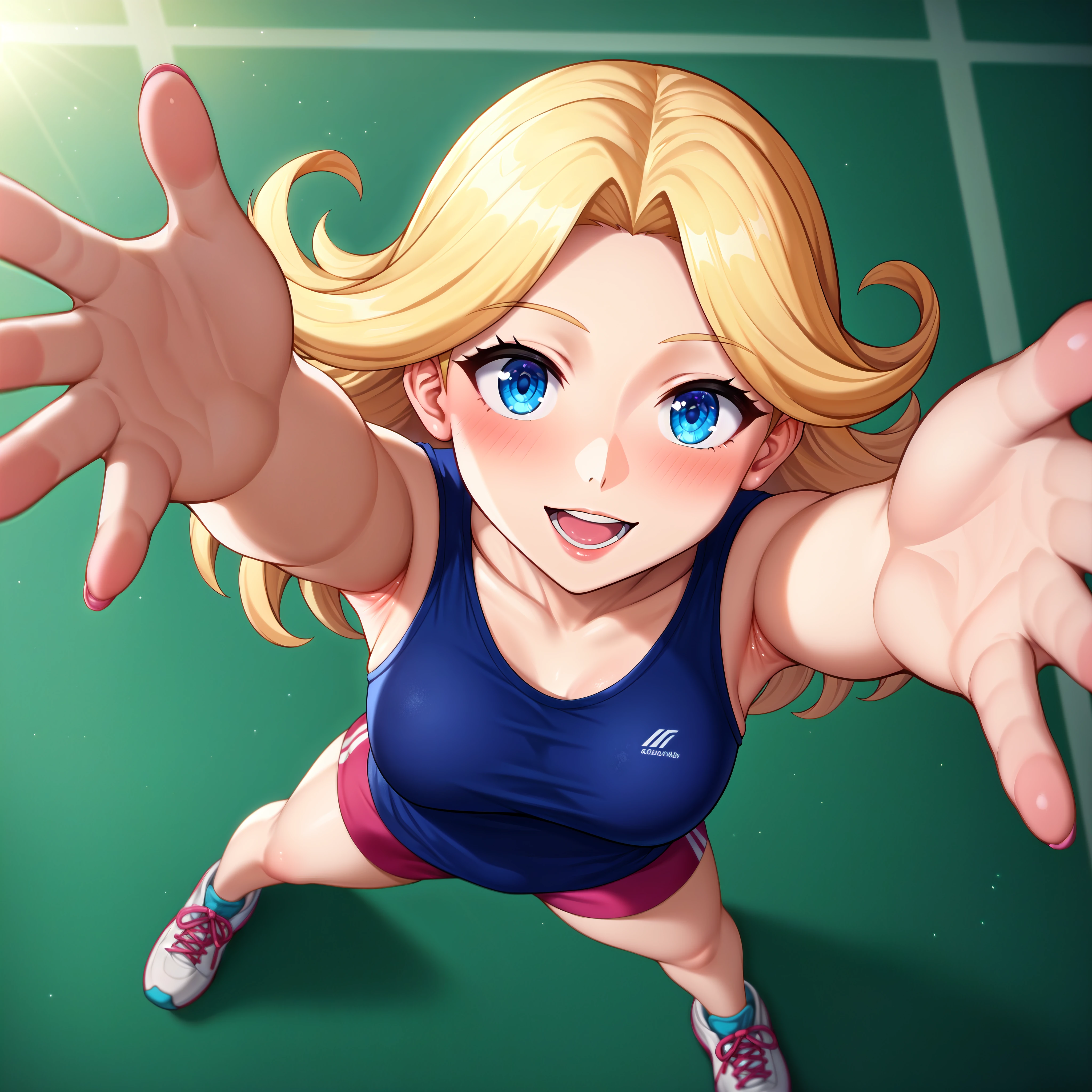 score_9, score_8_up, score_7_up, source_anime, BREAK, 1girl, from above, ((foreshortening), outstretched arms, reaching towards viewer), [[feet]], blonde hair, blue eyes, long hair, light blush, gym clothes, perspective, (gym), highres, ultra-detailed, illustration,colorful, masterpiece, best quality, best shadow, best illumination, finely detail, 4k, (extremely detailed), (8k), best quality, soft lighting, tracing, detailed face, skin texture, absurdres, light particles, (depth of field), <lora:StS-SDXL-Foreshortening-Iter2-Unet-Only:1> 