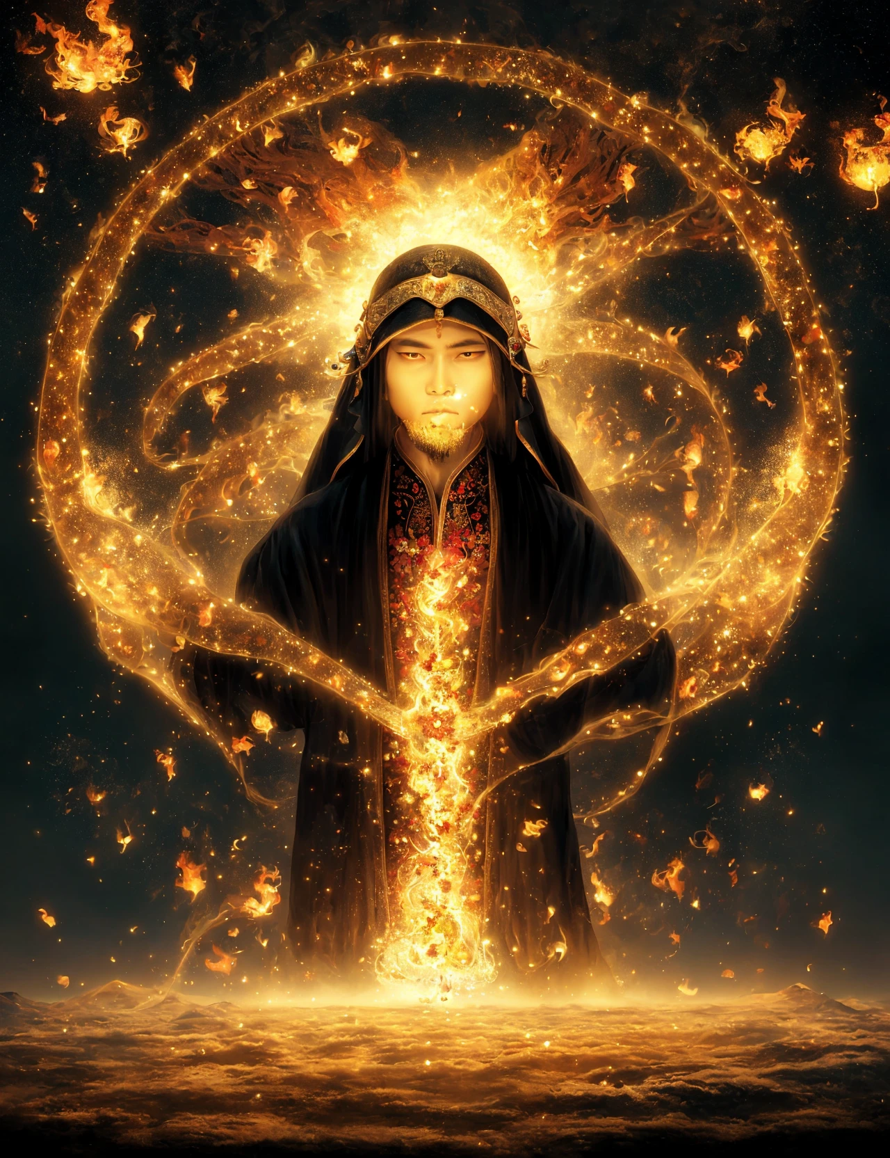 masterpiece, awesome quality, hyper detailed, DonM1un4rN3wy34r, Al-jinn, Supernatural being from Arabic mythology, created from smokeless fire, free will, choosing between good and evil, supernatural powers, ability to influence the physical world, trickery, enthralling,order,fusion cuisine,penumbra,extraterrestrial,desolate,digital world,rocky silence,pollutant , <lora:DonM1un4rN3wy34r-000004:0.8>