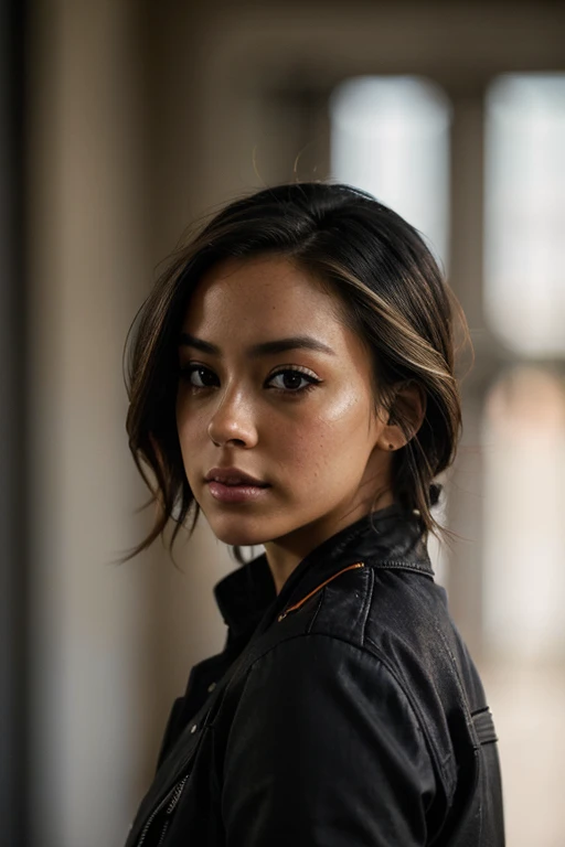 a photo of quak3-001, realistic, a woman in a black jacket, t-shirt, is looking at the camera with a serious look on her face, a character portrait, [black|blonde] hair fcHeatPortrait