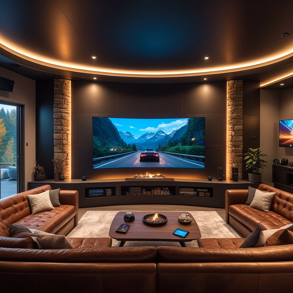 gamer room setup, 100 inch curved gaming screen, leather couch, fireplace, masterpiece, highest quality, symmetrical, hyperdetailed, cinematic lighting, RAW photo, 32K resolution, HDR