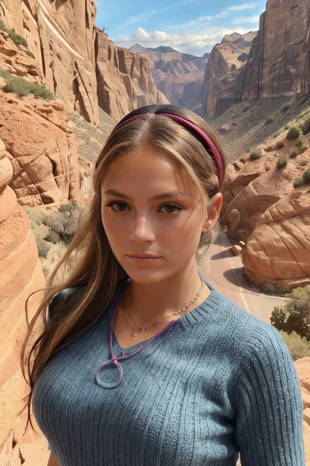 <lora:Wolvie_andr3aDMV_v4.0:1> andr3admv, woman, high cheekbones, slim, narrow face, petite, wearing jade color colored Cable knit headband, background of with a canyon in the background, vibrant rainbow arcing over the landscape, necklace, jewelry, posing, brown Long layers hairstyle, (masterpiece:1.3),(best quality:1.3),8k, highestres, absurdres, perfect composition, delicate, realistic proportions, ultra sharp, beautiful, stunning beauty, beautiful detailed eyes, textured skin, perfect face, Canon50, perfect shadows,