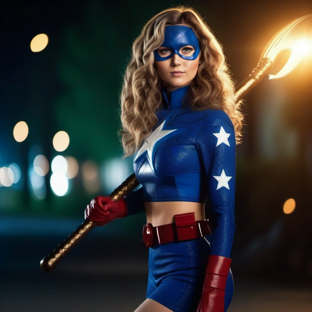 cinematic photo a woman dressed as a superhero with a stick, full body <lora:Stargirl1024:0.8> . 35mm photograph, film, bokeh, professional, 4k, highly detailed