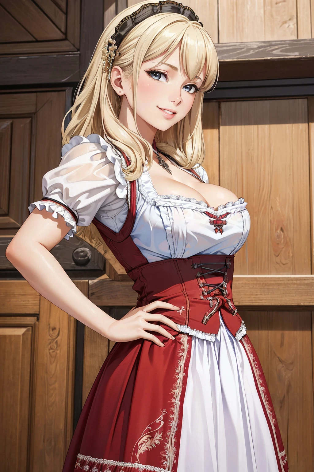 ((masterpiece,best quality,edgQuality)),(smile),1girl,solo,standing,posing,
dirndl, a woman in traditional bavarian dress poses for a picture , german woman, wearing a dirndl
 <lora:edgDirindl:1>