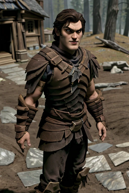 <lora:CELEB BruceCampbell-10:0.6> man, bc1, evil dead, 1boy, muscular, male focus, <lora:skyrim-bosmer-armor:0.9> skyrim-bosmer-armor, armor, boots, vambraces, brown leather armor,     <lora:STYLE 3DMM_V7:0.8> 3DMM