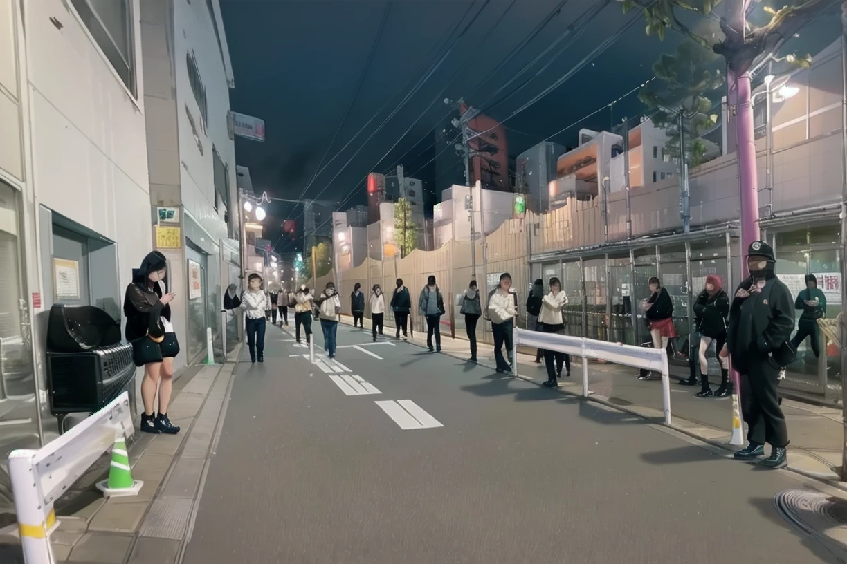 (masterpiece, best quality), 
okubokouen, storefront, outdoors, sign, road, real world location, scenery, power lines, bag, tree, multiple boys, multiple girls, fence, street, phone, lamppost, black footwear, pants, black hair, 6+boys, utility pole, hat
 <lora:okubo_kouen_SD15_V1:1>