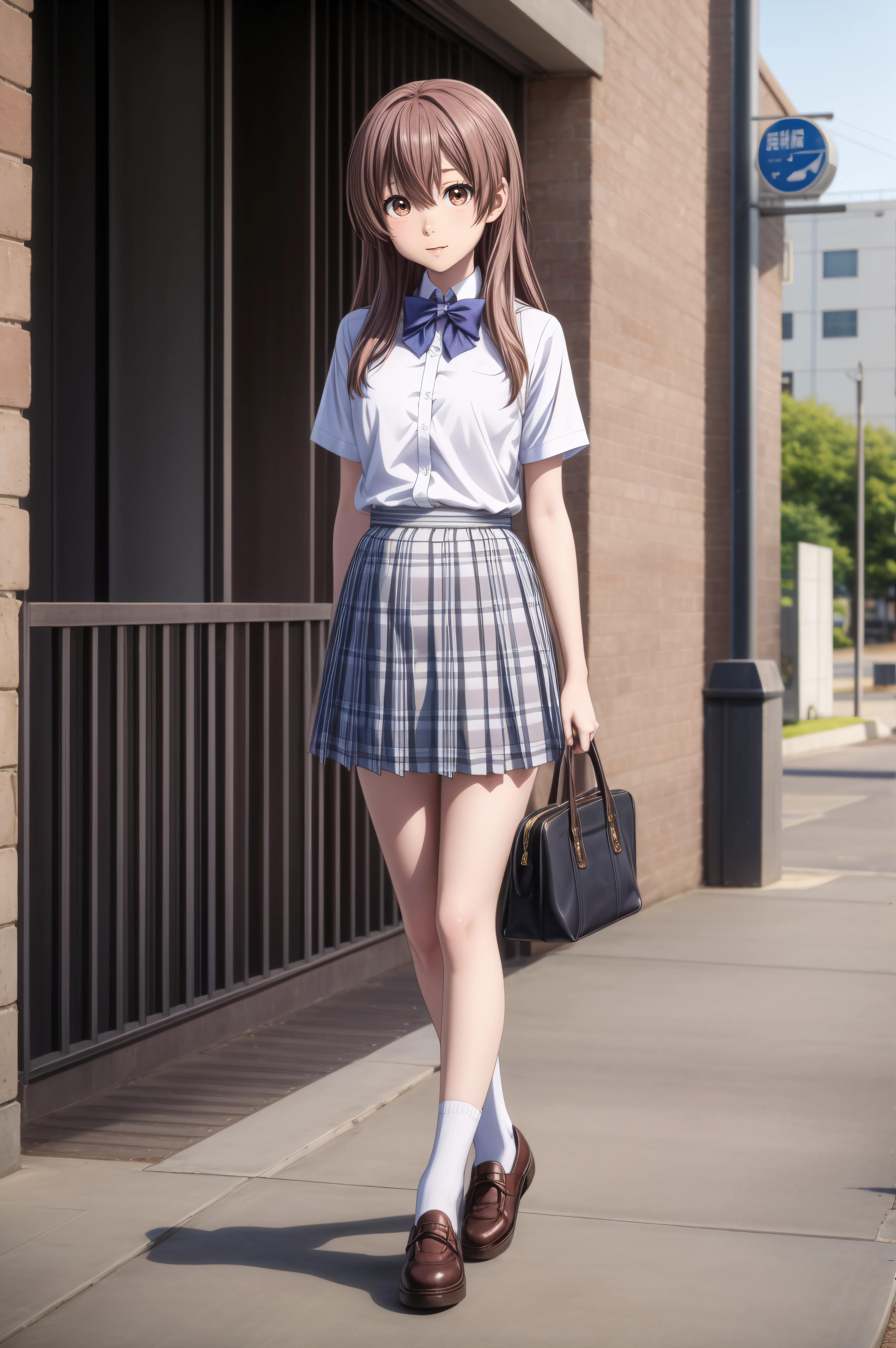 (masterpiece, best quality), <lora:shouko nishimiya-lora-Faxtron:0.5> shouko nishimiya, brown eyes, light brown hair, long hair, skirt, school uniform, white shirt, short sleeves, bow tie, pleated plaid skirt, white socks, shoes, full body,
<lora:add_detail:0.8>,