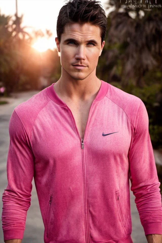 Robbie Amell a man <lora:Robbie-Amell:1>, realistic photo in a worn ((pink tracksuit, massive hairy pecs)), ((light bokeh)), intricate, (steel metal [rust]), elegant, sharp focus, photo by greg rutkowski, soft lighting, vibrant colors, (masterpiece), ((streets)), (detailed face), looking at viewer, light smile, night, walking towards viewer, cinematic lighting, beautiful lighting, cinematic lighting, (hazy filter, film grain:1.2)
