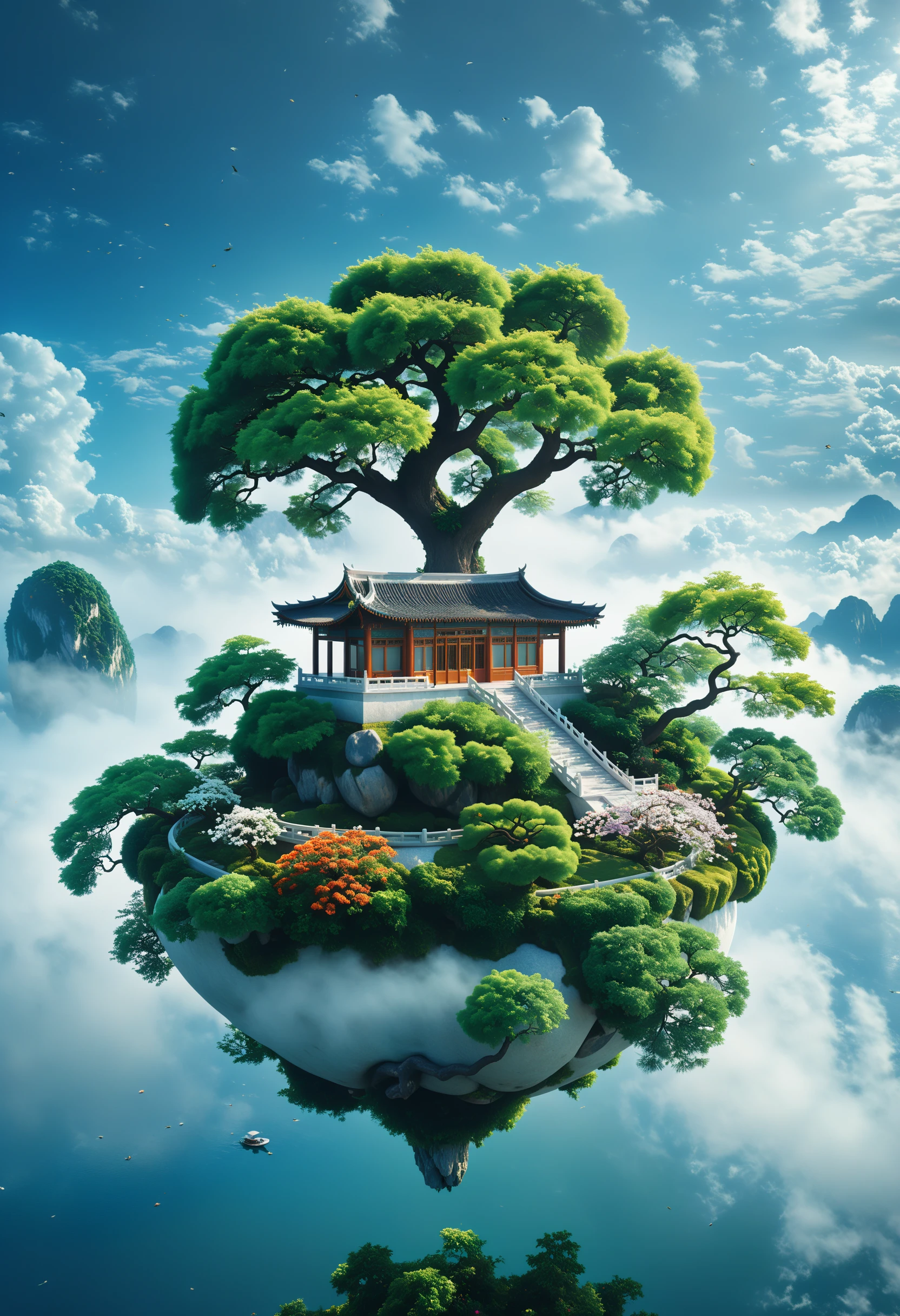 cinematic photo surreal, a floating island with chinese garden, The island suspended in the sky. Inside there is an megalophobia gigantic tree nearby a house, Behind the island is the blue sky and white clouds, with most colorful flowers, green plants and buds, It is a hyper-realistic science fiction style, ethereal illustration. conceptual digital art, shrouded in mist ,spring,<lora:xl_floating:0.7> . 35mm photograph, film, bokeh, professional, 4k, highly detailed