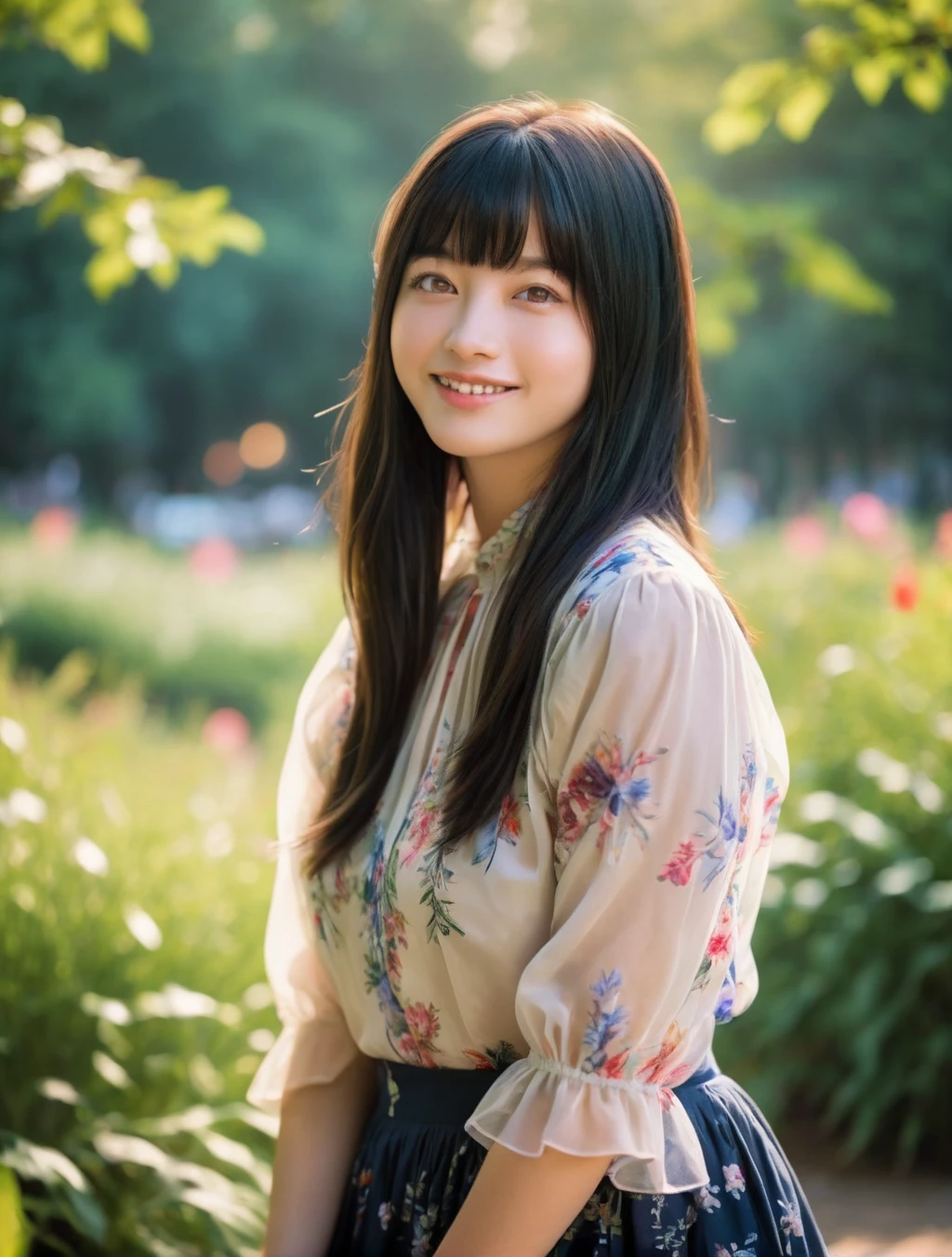1girl,(RAW photo, best quality), (realistic, photo-realistic:1.4), masterpiece, an extremely delicate and beautiful, extremely detailed, 2k wallpaper, Amazing, finely detail, extremely detailed CG unity 8k wallpaper, ultra-detailed, highres, hard light, beautiful detailed girl, extremely detailed eyes and face, beautiful detailed nose, beautiful detailed eyes,cinematic lighting,
at a park,flower garden,lakeside,sunlight,(bokeh:1.2)
wearing blouse and skirt,smiling, 
(straight black hair),(hair with bangs)   <lora:MTAHashimotoKannaXLv2-000008:1>