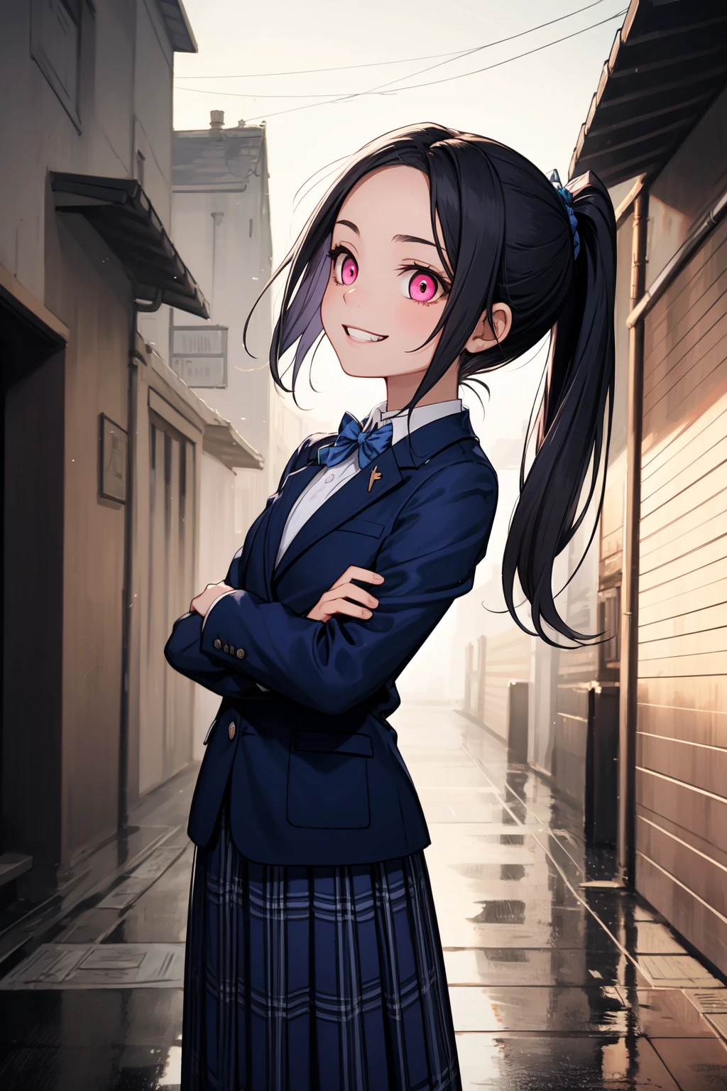 (masterpiece, best quality, SFW:1.2), elegant, tendrils, low contrast, shimmering light, BREAK, 1girl, sick, grin, looking up, forehead,  cute, petite, flat_chest,  (indigo hair, short ponytail:1.2), (pink eyes:1.2), BREAK, ( blazer,  raincoat,  high-waist skirt, ), BREAK, vanishing point,Long Shot, standing split, BREAK, outdoors, water