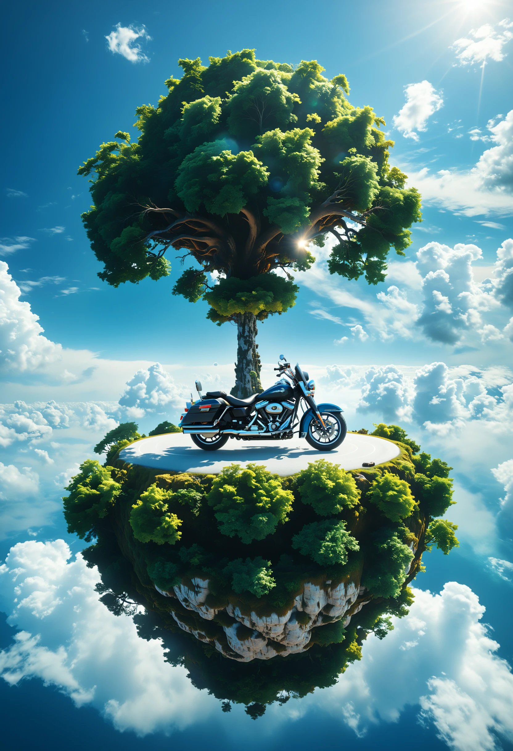 cinematic photo surreal, floating island,blue sky  and cloud, The island suspended in the sky. A Harley motorcycle on the island load,  imaginative and colorful,front light, tree,
<lora:xl_floating:0.7>, insane intricate detail . 35mm photograph, film, bokeh, professional, 4k, highly detailed