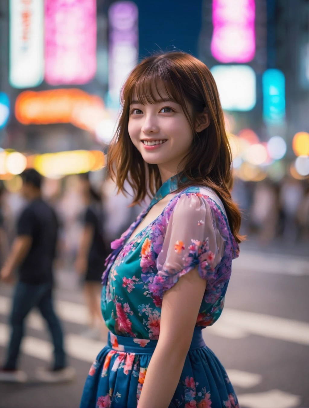 1girl,(RAW photo, best quality), (realistic, photo-realistic:1.4), masterpiece, an extremely delicate and beautiful, extremely detailed, 2k wallpaper, Amazing, finely detail, extremely detailed CG unity 8k wallpaper, ultra-detailed, highres, hard light, beautiful detailed girl, extremely detailed eyes and face, beautiful detailed nose, beautiful detailed eyes,cinematic lighting,
on the streets of shibuya,tokyo, neon lights,city lights at night,crowd,(bokeh:1.2)
wearing blouse with floral pattern and skirt,smiling,
<lora:MTAHashimotoKannaXLv2-000008:1>