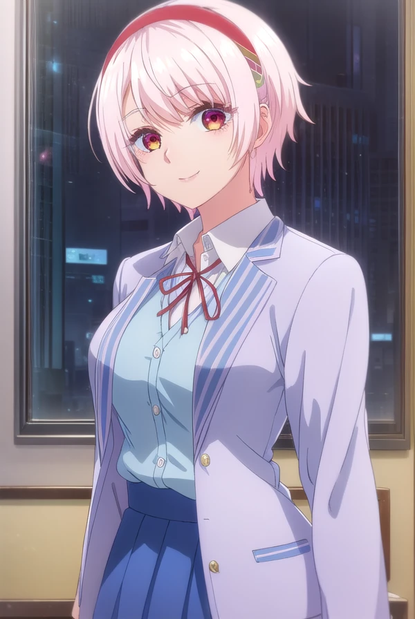 renanatsukawa, <lora:rena natsukawa s1-lora-nochekaiser:1>,
rena natsukawa, short hair, hairband, pink hair, (red eyes:1.3), red hairband, smile,
BREAK skirt, shirt, jacket, collared shirt, neck ribbon, jacket on shoulders, white shirt, cardigan, blue cardigan, blue jacket,
BREAK indoors, classroom,
BREAK looking at viewer, (cowboy shot:1.5),
BREAK <lyco:GoodHands-beta2:1>, (masterpiece:1.2), best quality, high resolution, unity 8k wallpaper, (illustration:0.8), (beautiful detailed eyes:1.6), extremely detailed face, perfect lighting, extremely detailed CG, (perfect hands, perfect anatomy),