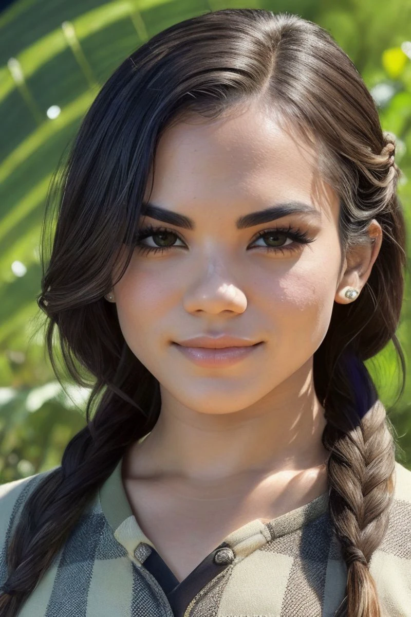 closeup headshot of S334_KeilaniKita,a beautiful woman,in a (jungle:1.1),wearing a (checkered-sweatshirt:1.1),(braid),(4k, RAW photo, best quality, depth of field, ultra high res:1.1),(absurdres, intricate, photorealistic, masterpiece, ultra-detailed:1.1),