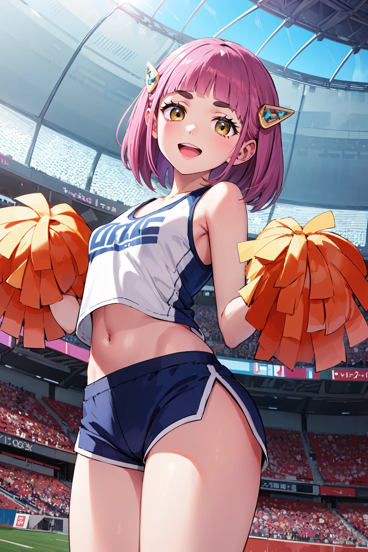 (8K、RAW photo、highest quality)、detailed background、beautiful and detailed face、beautiful and smooth skin、skin texture、professional lighting、Beautiful teenage girl、Cheerleader、stadium、I'm rooting for you、sexy costume、Sexy Uniforms、ssexy costume、healthy、
smile、laughter、sexual expression、smile、healthyなふとももを強調する、healthyで美しい、show your whole body、panty shot、panty shot、open your legs、raise your legs、Show 1&#39;~ side
