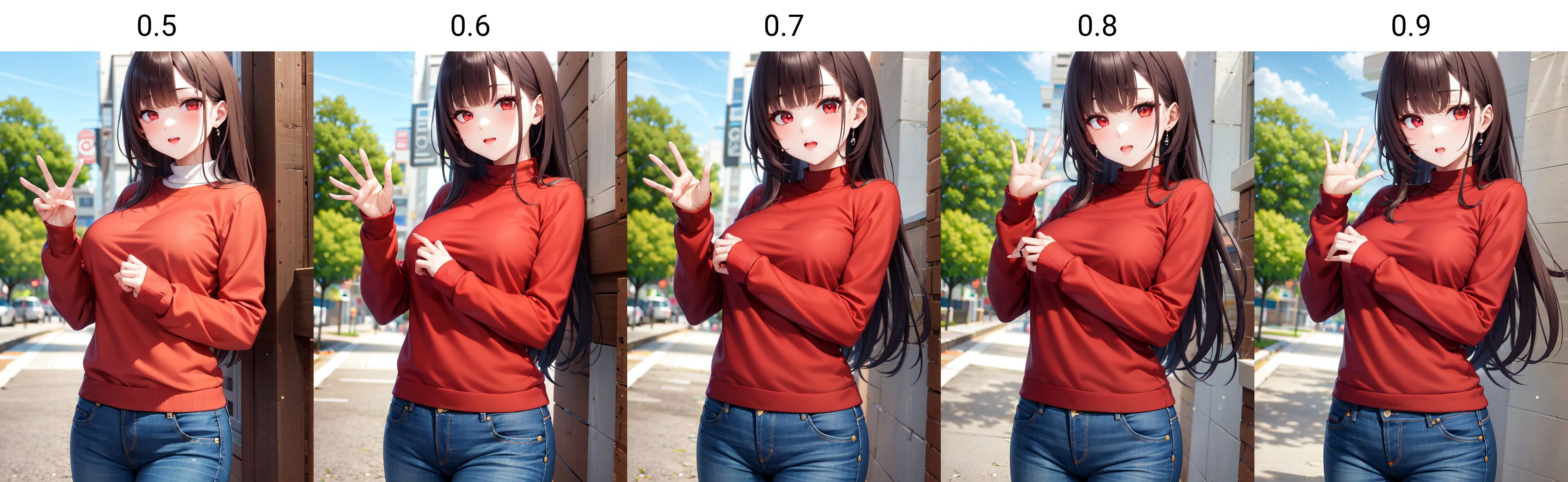 1girl, solo, good hands, standing, red eyes, outdoors, long sleeves, (jeans:1.2), sweater, medium breasts, white sweater, long hair, W,
<lora:goodhands:0.5>