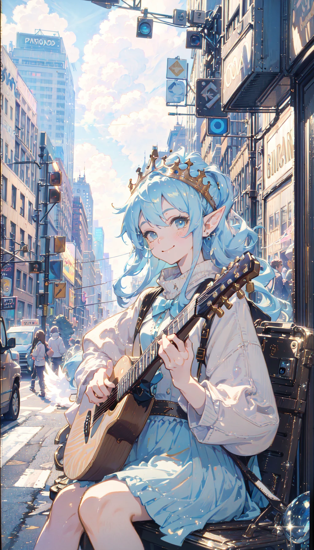 polaroid photo, masterpiece, best quality, 1girl, the cloud elf queen busks on the streets of new york, casual, sitting, playing guitar, film grain, soft lighting, glittering, sparkling, smile