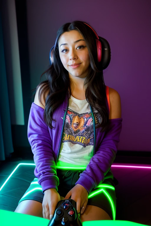 DEN_kat_wasian,
sitting at a computer wearing headphones and playing games (holding a controller:1.2) wearing a hoodie in a (neon lit room:1.3), (gamer:1.2), gaming, gamer girl, games, (purple lighting, neon:1.2),
detailed, skin pores, textured, high resolution, immaculate, 8k, raw, photorealistic, real, f1.4, bokeh, slr, <lora:epi_noiseoffset2:1> <lora:ClothingAdjuster3:-1.3>